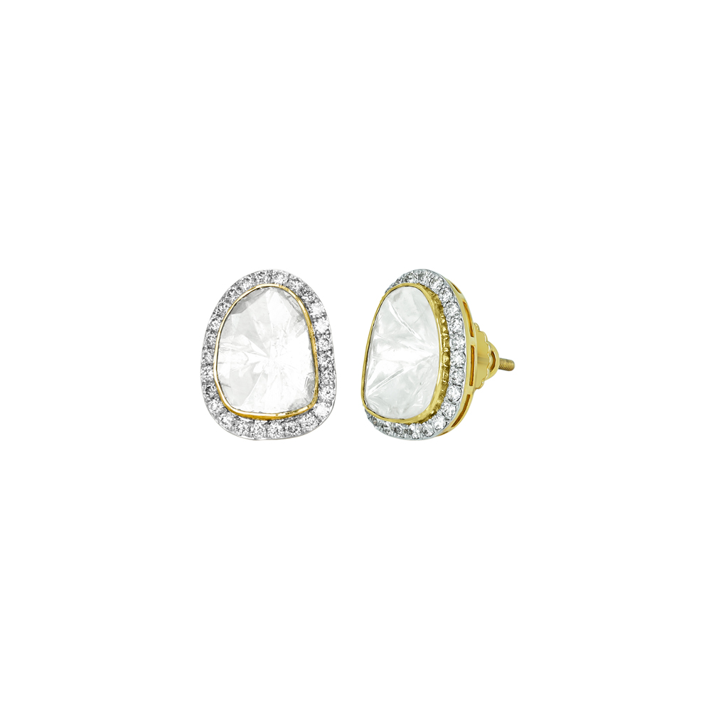 Polki Stud Earrings with Fine-Cut Diamond Halo Border